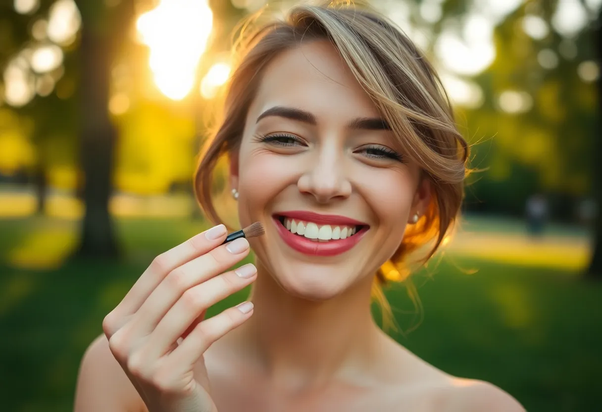 Joyful Model Applying Blush in the Park