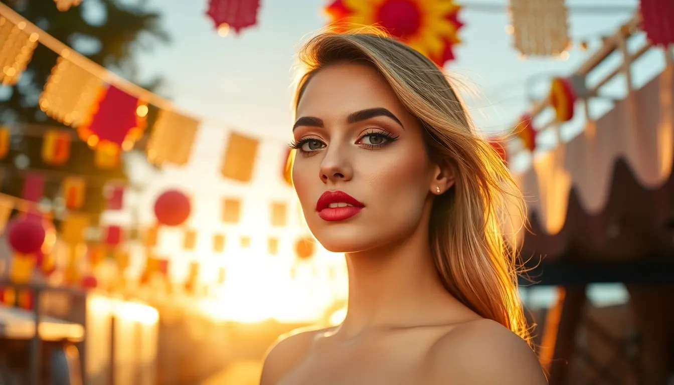This lively image features a model showcasing her bold red lipstick and sun-kissed glow at a vibrant fashion festival. The golden hour light beautifully enhances her makeup while colorful decorations add a festive touch to the scene. Sharp focus captures the excitement and energy surrounding her, making this image perfect for fashion and beauty promotions. With its warm tones and dynamic composition, it invites viewers into the celebration of style.