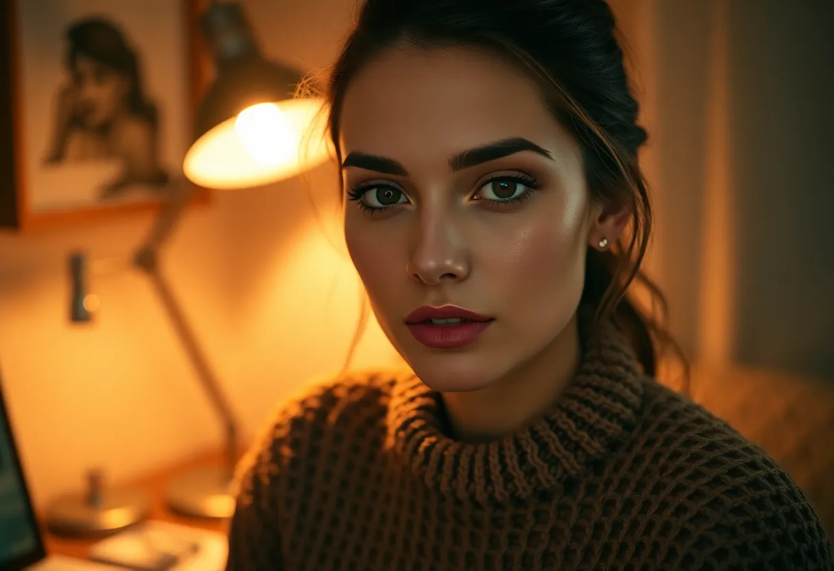 Cozy Indoor Makeup Shot In this intimate indoor scene, a model's makeup is beautifully illuminated by warm tungsten light. The golden highlights on her cheeks contrast perfectly with the rich browns of her clothing and the wooden desk. This cozy setup creates a welcoming atmosphere that draws viewers into her world, showcasing impeccable detail in her makeup that speaks to personal style and warmth.