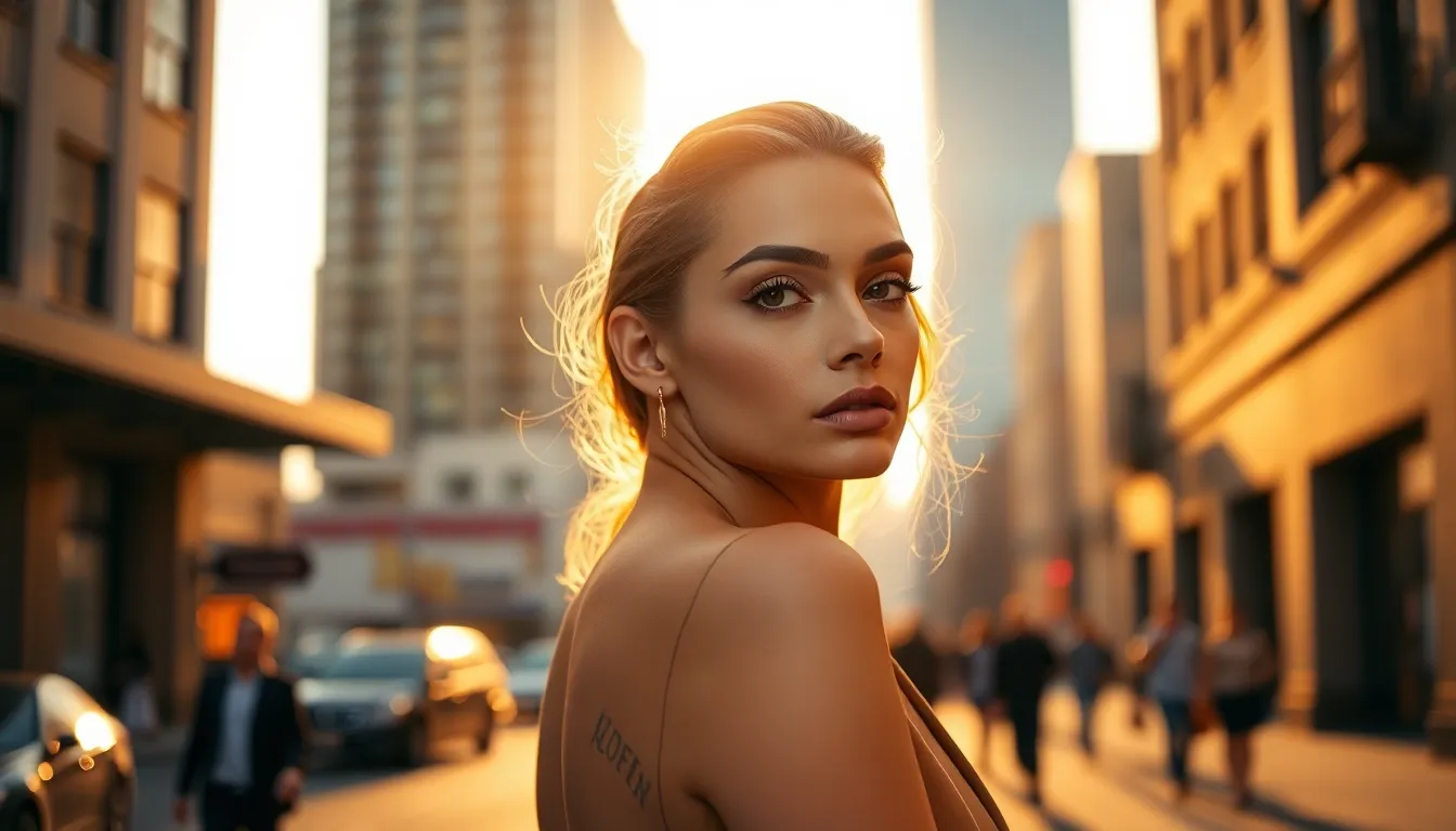 This dynamic high-fashion makeup photograph captures a model in an urban environment at golden hour. The warm backlighting accentuates her striking features and bold eye makeup, while the soft earthy tones establish a sophisticated yet vibrant mood. Leading lines from the surrounding architecture guide the viewer's eye toward the model, who exudes confidence in her elegant pose. The captivating interplay of light and shadow highlights the artistry of the makeup and the beauty of the city scene.