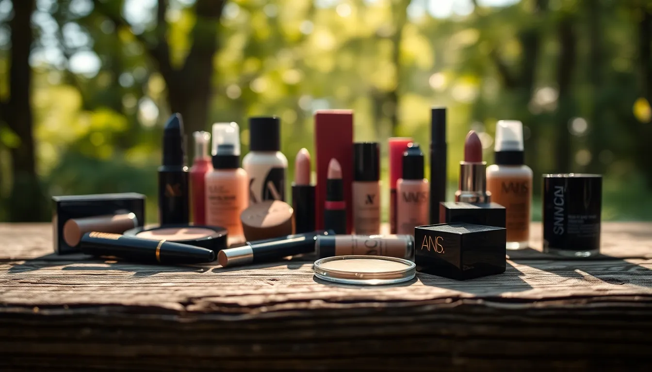 This stunning image showcases an artfully arranged collection of makeup products on a rustic wooden surface, illuminated by soft natural light. The macro lens captures intricate details and textures, inviting viewers to appreciate the beauty of each item. Natural tones dominate the palette, complemented by vibrant cosmetic colors that pop against the weathered backdrop. The composition effectively uses leading lines, guiding the eye through the arrangement and highlighting the beauty in the details.