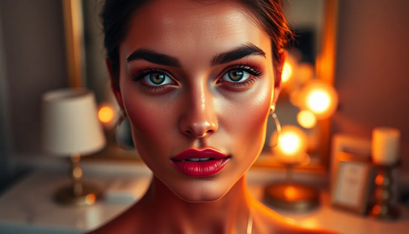 This captivating image showcases a close-up portrait of a model adorned with dramatic makeup, featuring deep red lips and highlighted cheekbones. The soft glow of warm tungsten lighting accentuates the model's natural beauty while casting shadows that add depth. The background, a blurred dressing table filled with beauty products, enhances the overall elegance. Rich red tones mixed with soft gold highlights create a luxurious feel, making this image perfect for beauty branding and editorial use.