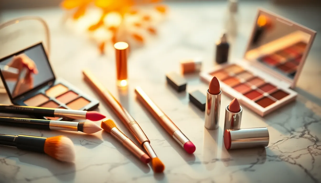 Artistic Makeup Flat Lay at Golden Hour This artistic makeup flat lay captures the essence of beauty products arranged meticulously on a textured marble surface during golden hour. The warm golden light enhances the vibrant colors of lipsticks and palettes, while the shallow depth of field adds a dreamy quality. With a balanced composition that emphasizes symmetry, this image showcases the elegance and artistry of makeup, inspiring beauty enthusiasts everywhere.