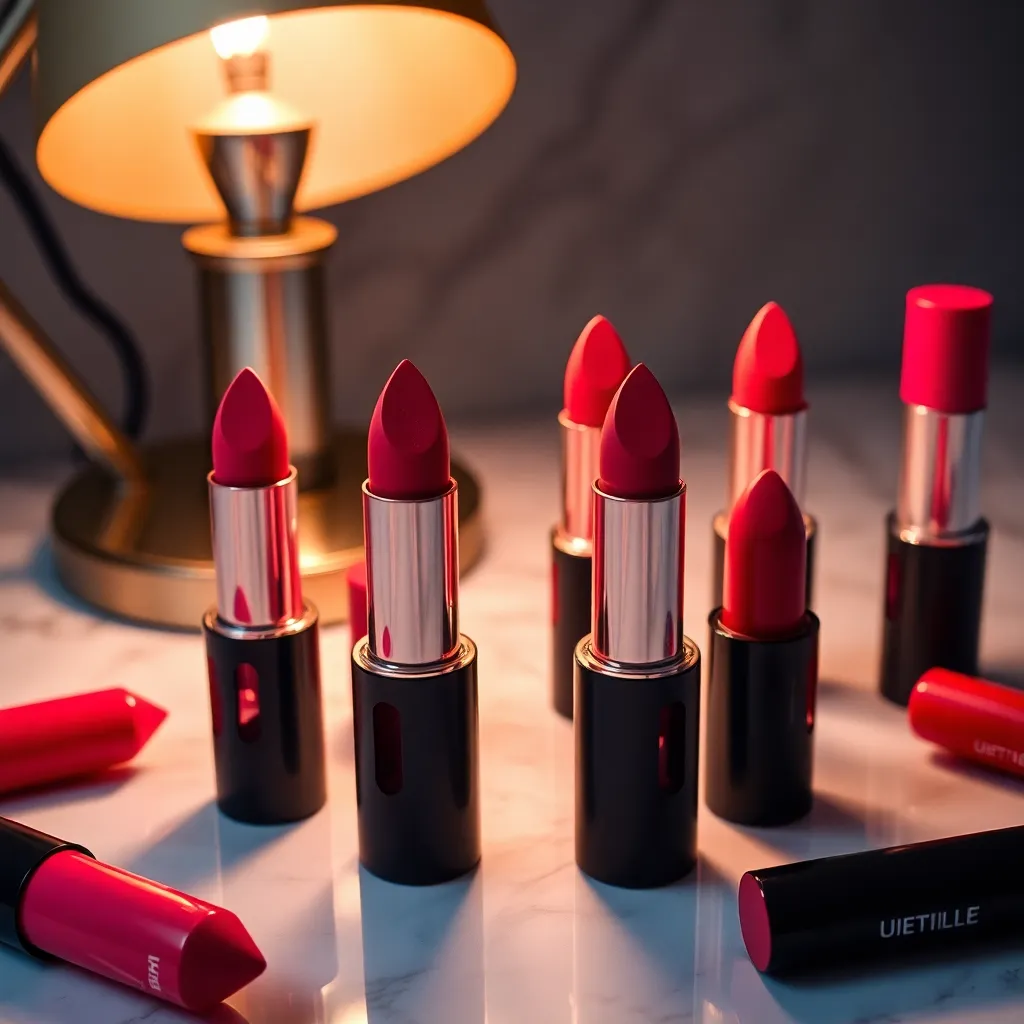 This macro shot features a collection of vibrant lipsticks artfully arranged on a polished marble surface, showcasing the rich colors and textures. The warm tungsten lighting enhances the depth of the reds and pinks, while the glossy reflection from the marble adds elegance. With its symmetrical composition, the image draws the viewer into the luxurious world of makeup. The fine details of the lipstick bullets create a striking visual impact.