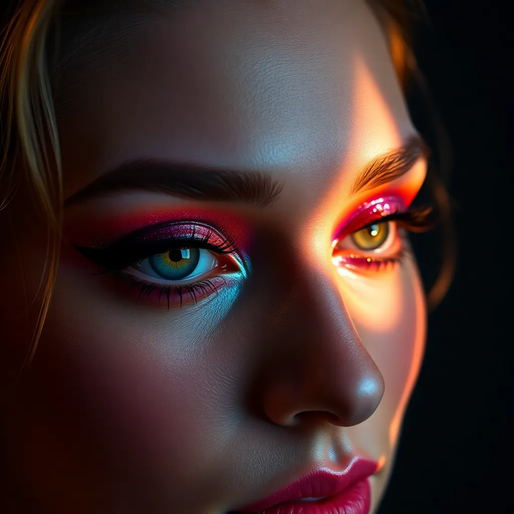 This captivating close-up showcases a model's intricate eye makeup featuring vibrant jewel tones and sparkling elements. Shot in a studio with meticulous lighting, every detail from glitter to eyeliner is rendered sharply, presenting an extraordinary level of detail. This image captures the essence of artistry in makeup, inviting viewers to appreciate the skill and creativity. The softly blurred background emphasizes the focus on the model's eyes, creating an intimate and immersive experience.