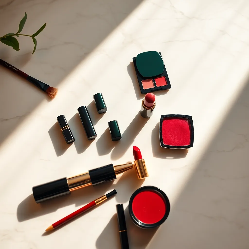 A luxurious flat lay of high-end makeup products elegantly arranged on a marble surface. The rich jewel tones create a sumptuous atmosphere, enhanced by soft daylight that bathes the scene for an inviting feel. The leading lines formed by the products draw the viewer’s eye, making it a perfect visual for fashion and beauty enthusiasts.