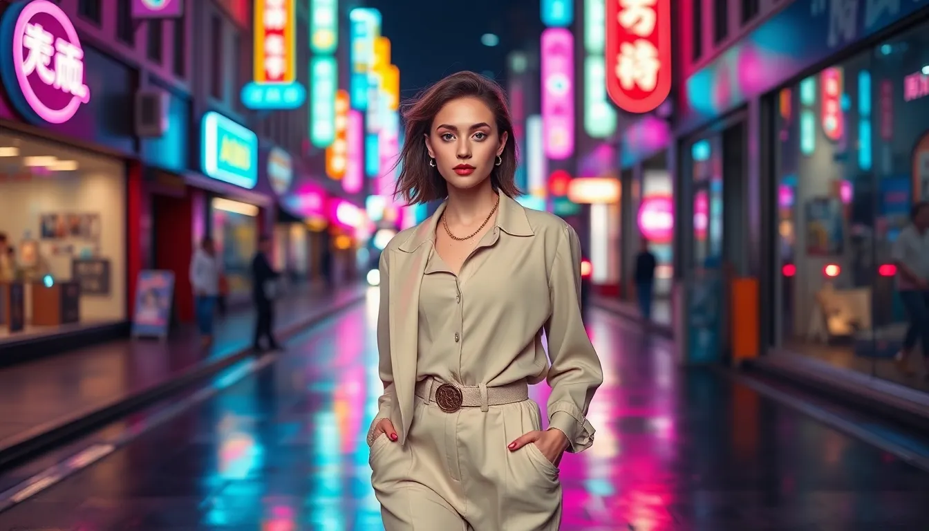 Confident Model in Urban Setting with Neon Makeup This vibrant image features a confident model walking down a bustling city street, wearing a fashionable outfit and artistic neon makeup. The dynamic atmosphere is created by neon signs reflecting vibrant hues across the wet pavement, offering a lively backdrop. With a shallow depth of field that draws attention to the model, the contrasting colors enhance the energetic mood of urban life, making it a vivid representation of contemporary fashion and beauty.