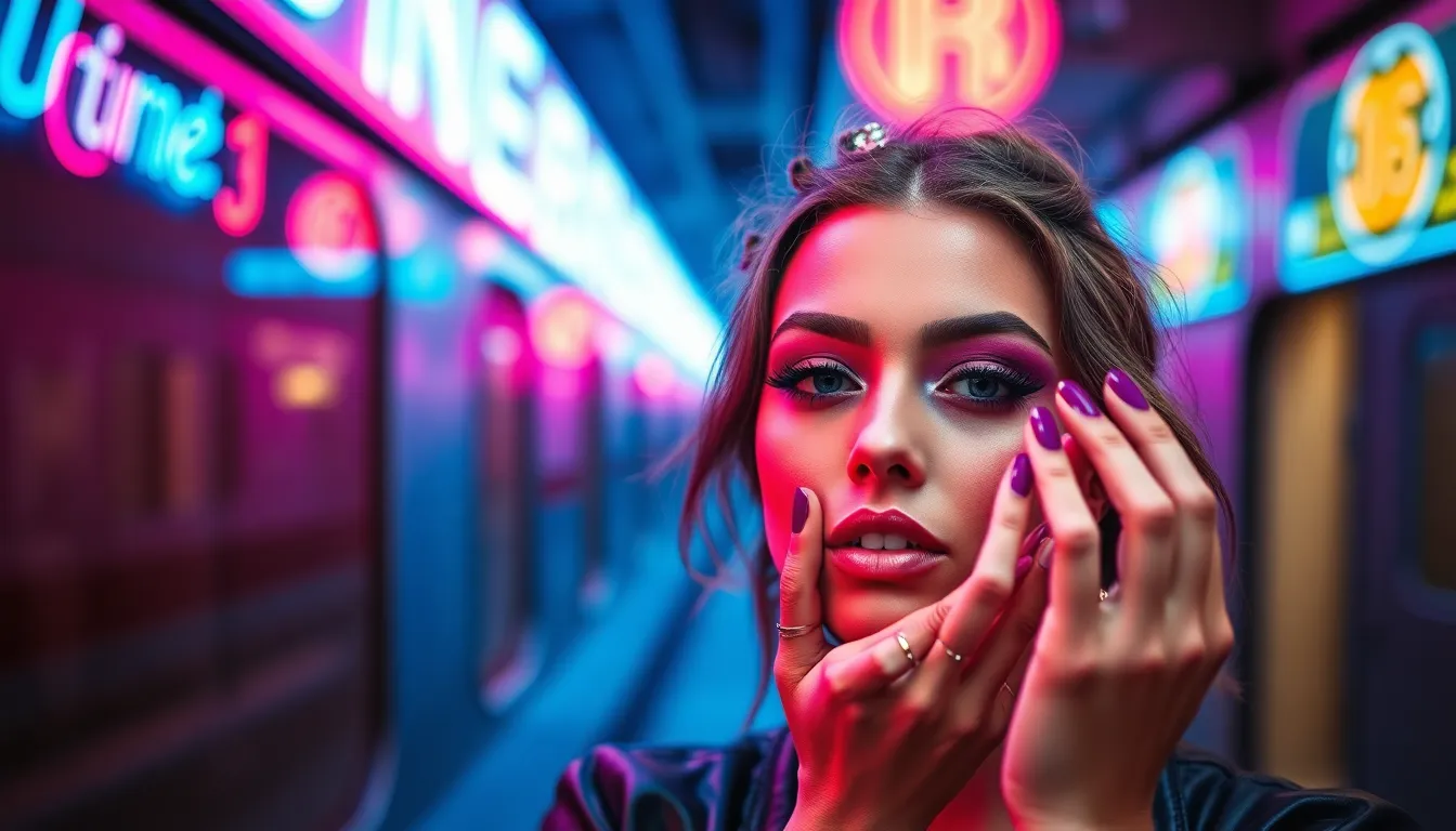 This dynamic image captures a model applying vibrant makeup in a bustling metro environment, illuminated by the glow of neon signage. The electric blues and magentas of the surroundings reflect off her skin, creating a contemporary feel that resonates with urban culture. The Dutch angle composition amplifies the energy of the scene, highlighting the intersection of beauty and city life. This image is perfectly suited for advertising and editorial in modern fashion.