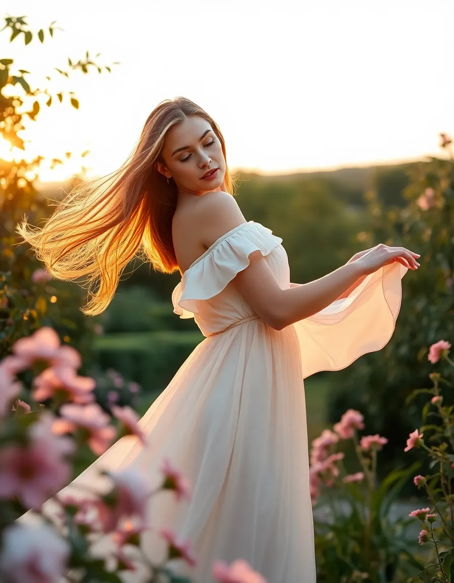 This enchanting outdoor portrait captures a model with playful elegance in a vibrant garden during the golden hour. Her flowing dress dances in the breeze, beautifully complemented by her soft makeup. The warm rim light creates a halo effect around her hair, enhancing the ethereal mood of the scene. Framed by blooming flowers, the photograph invites viewers into this serene moment, showcasing delicate textures and pastel colors that evoke a sense of beauty and tranquility.