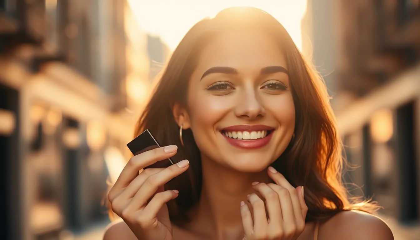 A vibrant shot of a model applying highlighter during the golden hour, with sunlight creating a warm halo around her. Her expression is joyful as she enhances her features, reflecting a luxurious beauty look. The composition is engaging, with the blurred urban backdrop accentuating her radiant glow. This image captures the interplay of light and makeup, making it perfect for beauty-focused content.