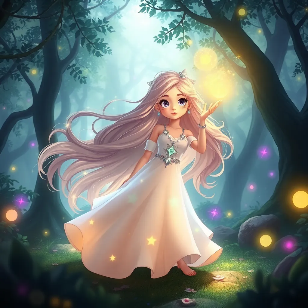 Enchanting Cartoon Girl Casting Spells in Forest