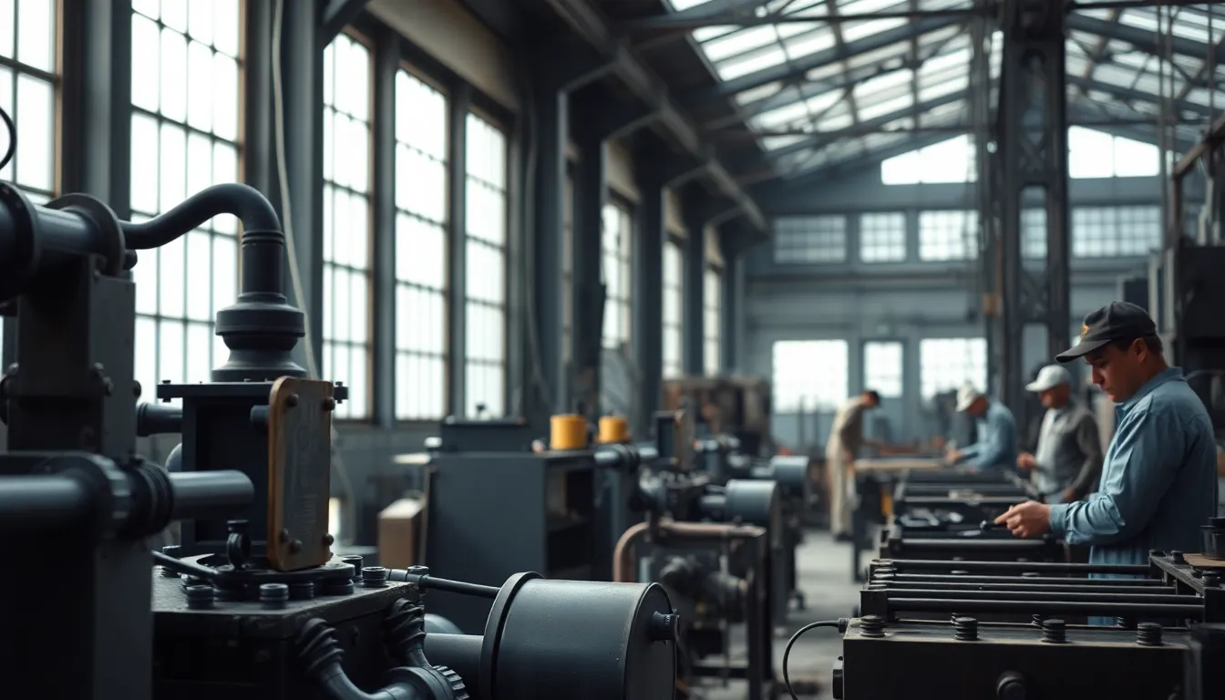 This image captures a focused factory worker assembling machinery under bright fluorescent lights. The cool tones of the industrial setting contrast with the warm skin tones of the worker, creating a vivid and engaging scene. The blurred background emphasizes the activity and energy of the factory floor. With leading lines drawing the viewer's gaze, this image represents the dedication involved in manufacturing.