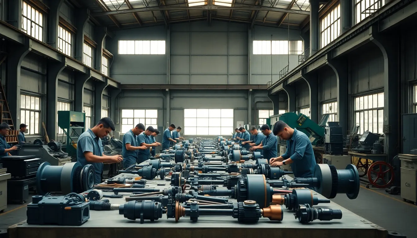 The image depicts a collaborative scene of workers assembling machinery parts in a bright factory. Natural daylight pours through large windows, illuminating the workspace and creating a soft, inviting atmosphere. The color palette features muted industrial tones contrasted with warm skin tones. This centered composition showcases the tools and components, emphasizing teamwork and productivity. The sharp focus captures the diligent expressions of the workers, making it a compelling representation of the manufacturing process.