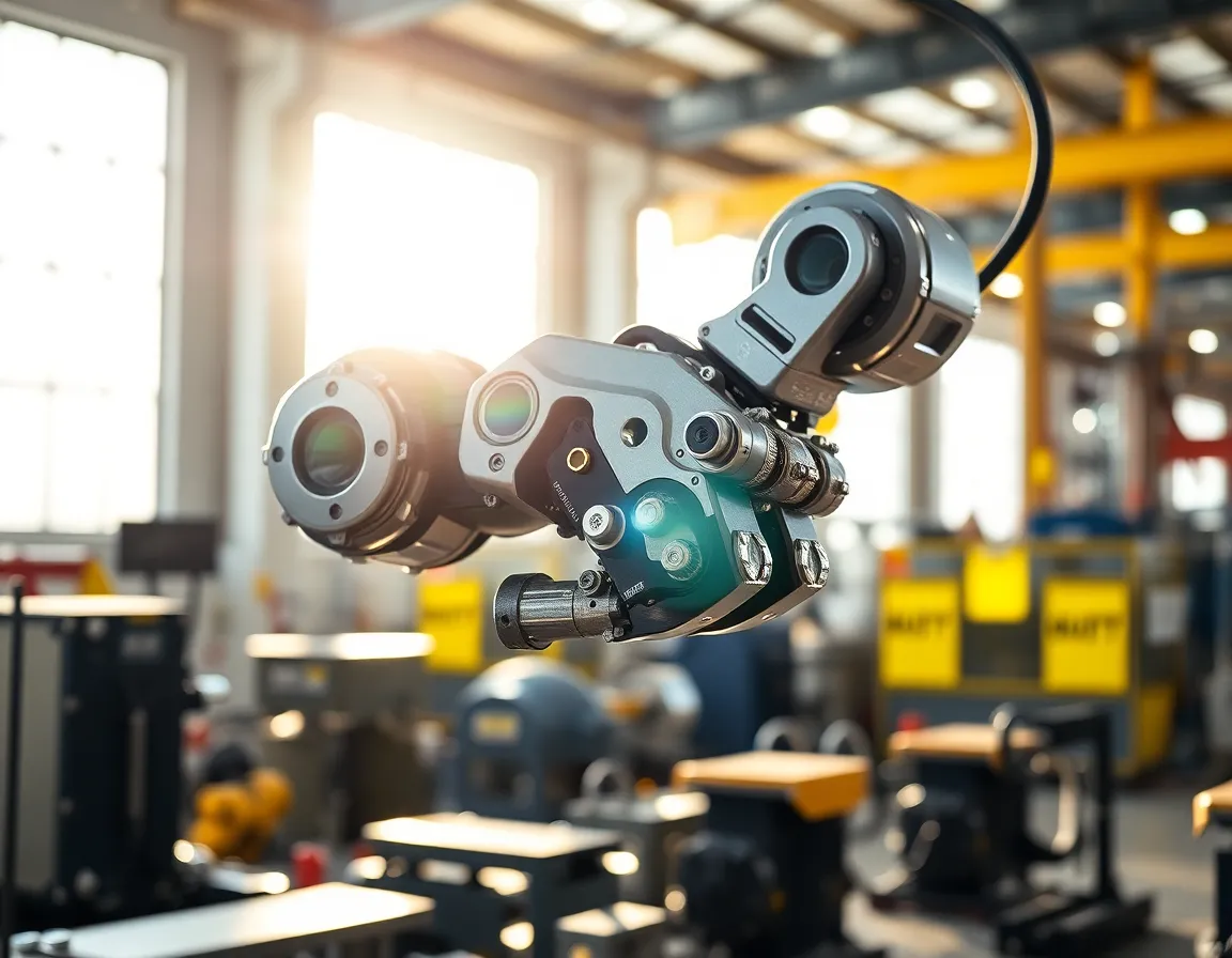 An intense close-up of a robotic arm performing a welding task in a modern manufacturing facility. Natural daylight filters through large windows, illuminating the shiny surface of the robotic arm and creating striking highlights. This image showcases the precision and technology involved in manufacturing processes, with a color palette of metallic and yellow tones adding interest. The centered composition places the viewer's focus on the intricate details of the machinery.