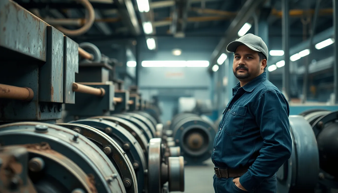 This image depicts an industrial worker in a manufacturing plant, surrounded by complex machinery. The stark fluorescent lighting creates dramatic shadows, emphasizing the worker's focused expression. The muted metallic colors convey a gritty atmosphere, with the textured surfaces of the machines starkly contrasting against the worker's pristine uniform. The composition leads the viewer's eye towards the subject, enhancing the sense of purpose in this industrial setting.