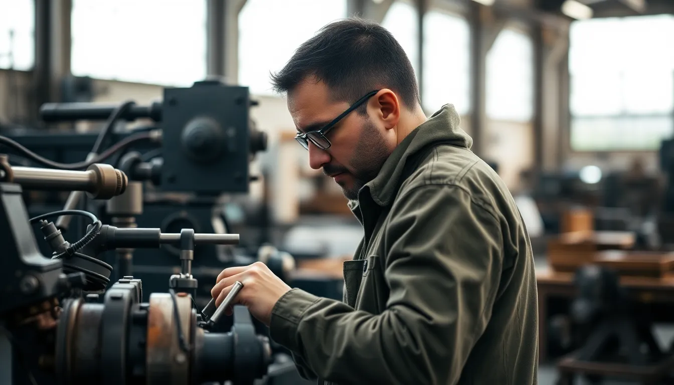 This image captures a worker in a bustling industrial manufacturing environment, focused on assembling components. The soft, filtered daylight from overhead windows creates a serene atmosphere, while the muted earth tones reflect the rawness of the industrial setting. The blurred machinery in the background emphasizes the subject’s concentration, highlighting the detailed textures of metal and wood.