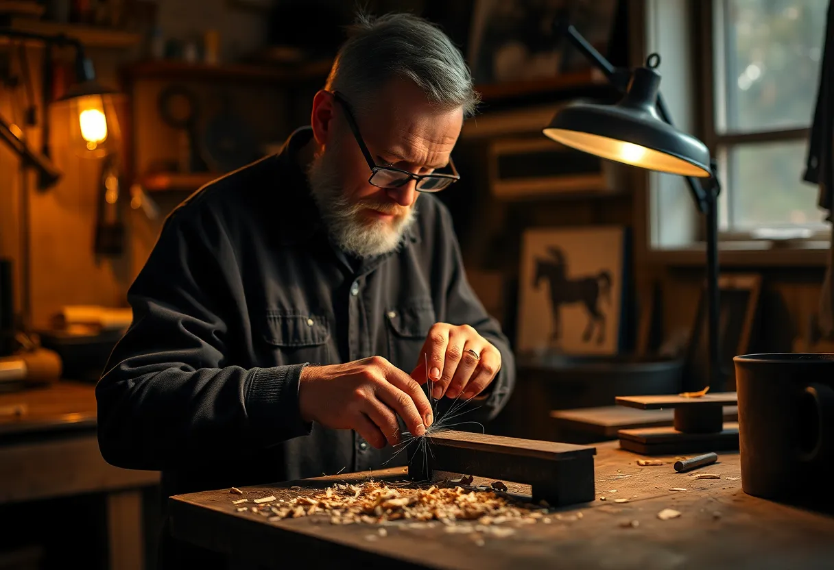 A skilled craftsman is showcased in his intimate workshop, illuminated by the warm glow of a tungsten lamp. The image captures the intricate details of his hands as they expertly manipulate metal, with earthy tones enhancing the workshop's cozy and industrious feel. Textures of the worktable and wood shavings contrast beautifully with the shiny metal, highlighting the artistry involved in manufacturing.
