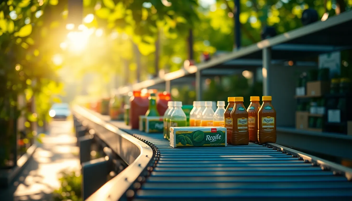 This vibrant image captures a conveyor belt laden with colorful products, illuminated by dappled sunlight filtering through tree foliage above. The saturation and vividness of colors highlight the vibrancy of the packaging, while the blurred background adds depth to the scene. The composition effectively guides the viewer's eye along the conveyor, reflecting the efficiency and energy of product assembly in a bustling industrial environment.