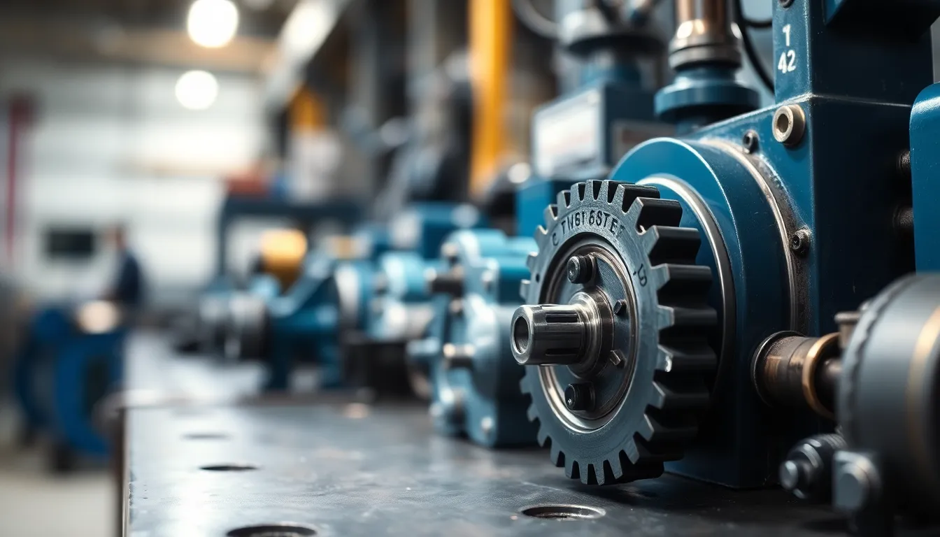 This macro image provides an intimate look at the intricate details of a machinery component resting on a workbench in an industrial environment. The overcast daylight casts soft, even light, perfect for revealing textures in the cool metallic colors of the gear. The selective focus draws the viewer's eye to the component while the background gently fades away, providing a clean and professional look. This composition captures the essence of precision engineering and the artistry within mechanical design.