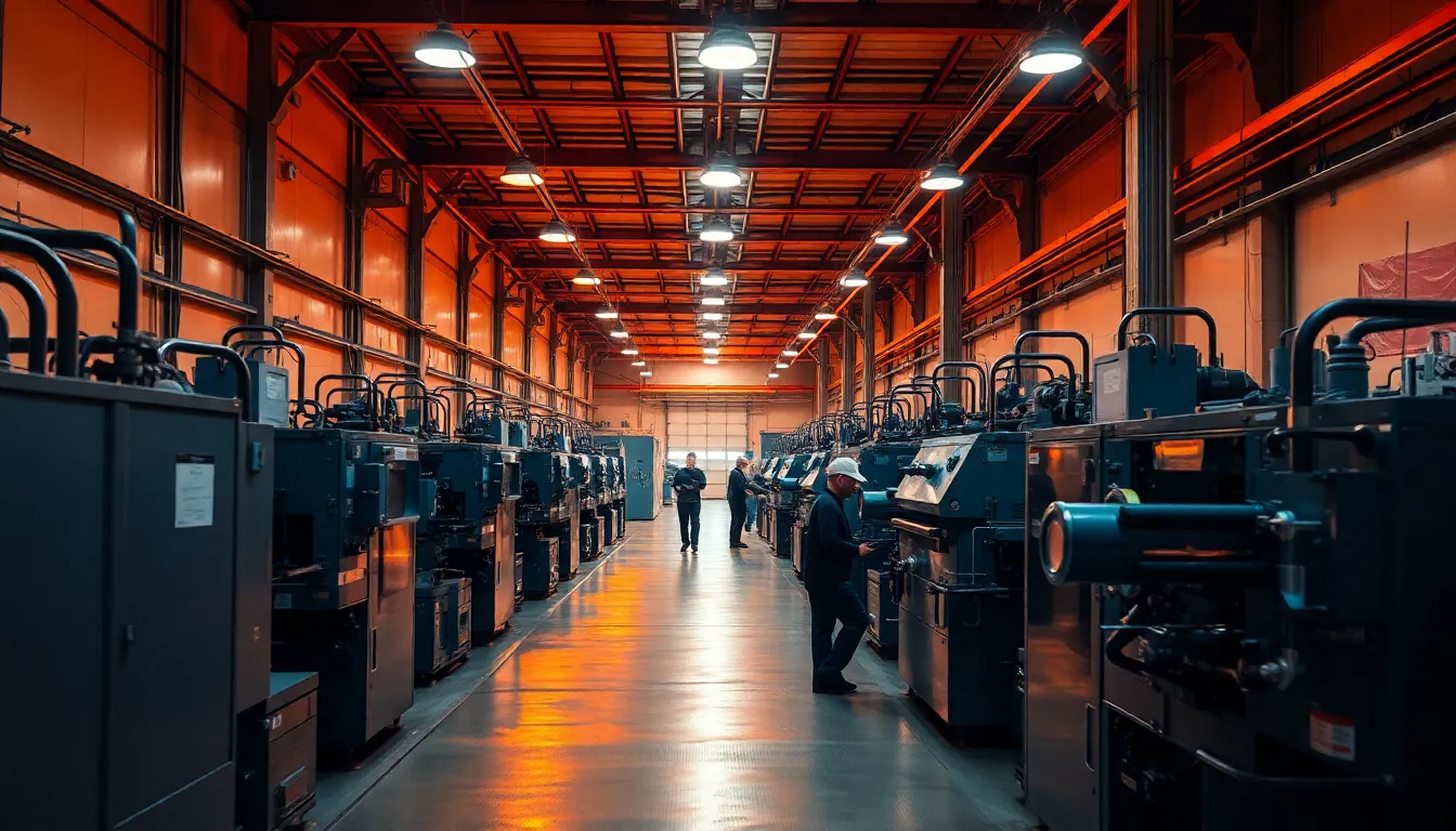 This expansive image captures the interior of a large-scale factory, beautifully illuminated by sunlight filtering through large windows. The dappled light creates dynamic shadows across the factory floor, enhancing the atmosphere of industrious energy. The warm and cool color contrasts, primarily wood and steel, reflect the harmonious blend of materials in modern manufacturing. A composition guided by the rule of thirds invites viewers to explore the depth of the workspace.