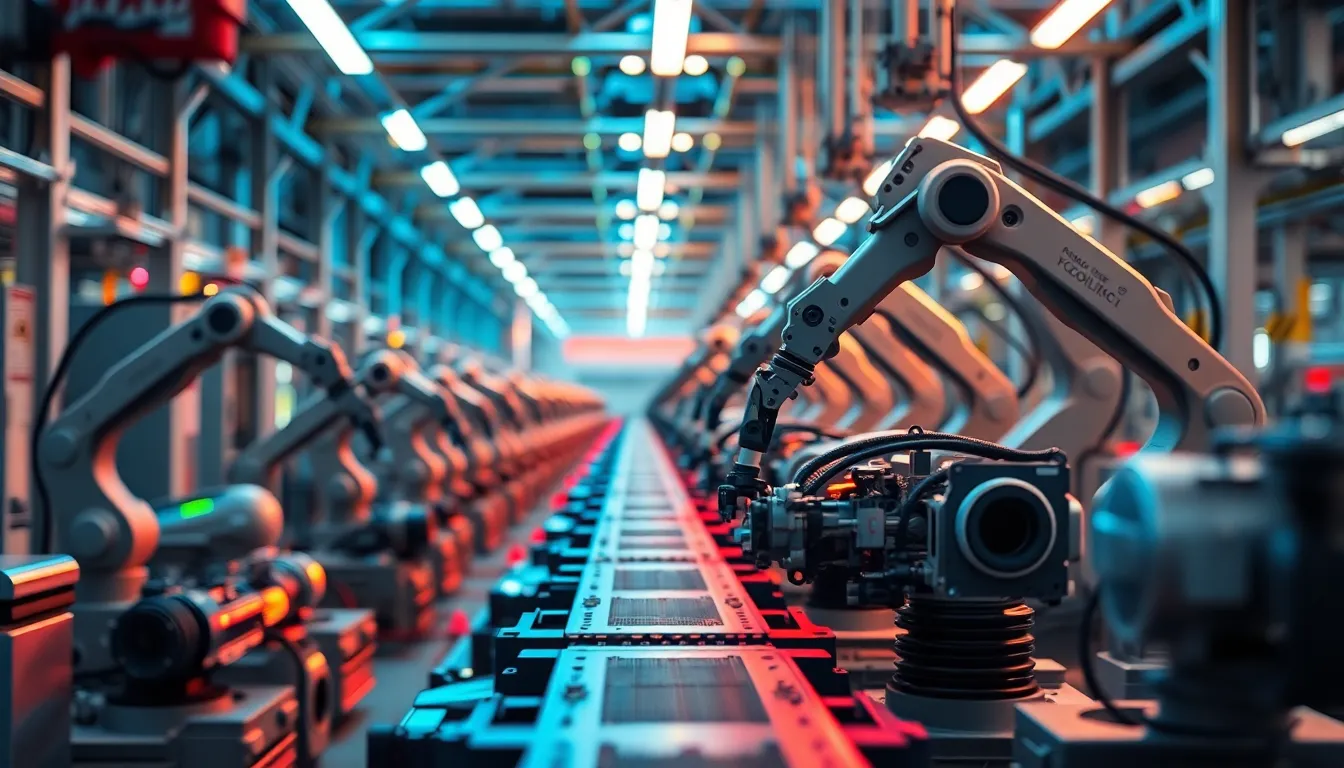This vibrant image captures the dynamic action of robotic arms assembling automotive parts on a factory assembly line. Neon-lit ambient light reflects off the metallic surfaces, creating an engaging visual narrative. The tilt-shift effect offers a unique perspective, making the scene reminiscent of a miniature model. The color palette is rich with vibrant hues, enhancing the mood of advanced manufacturing technology. The composition uses leading lines formed by the robotic arms to guide the viewer’s gaze, emphasizing the intricacy of the assembly process.