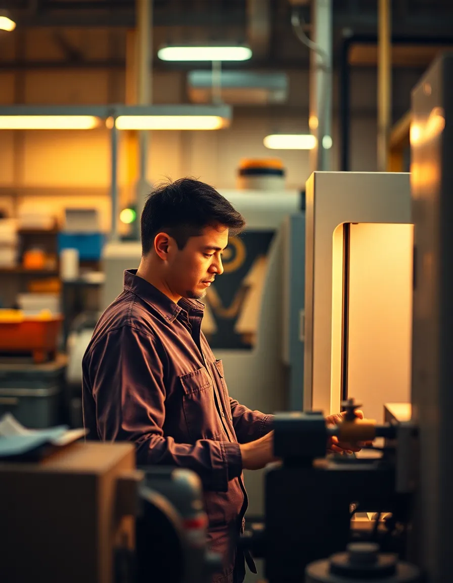 This engaging image features a factory worker intently operating a CNC machine, surrounded by an organized array of tools and materials. The warm tungsten light casts a welcoming glow, creating soft shadows and enhancing the natural skin tones of the worker. With a shallow depth of field, the background gently blurs, emphasizing the worker's concentration and the intricate details of the machinery. The composition effectively highlights the craftsmanship involved in manufacturing, set against a rich, earthy color palette.