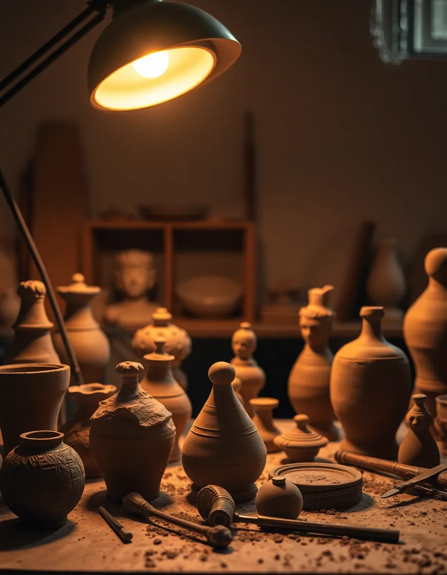 This evocative image depicts a sculptor's workspace, filled with tools and unfinished clay sculptures illuminated by the warm glow of a desk lamp. The warm lighting emphasizes the textures of the materials, while the shallow depth of field invites the viewer to focus on the intricacies of the clay and tools. The muted earthy colors enhance the organic atmosphere, making the space feel alive with creative energy.