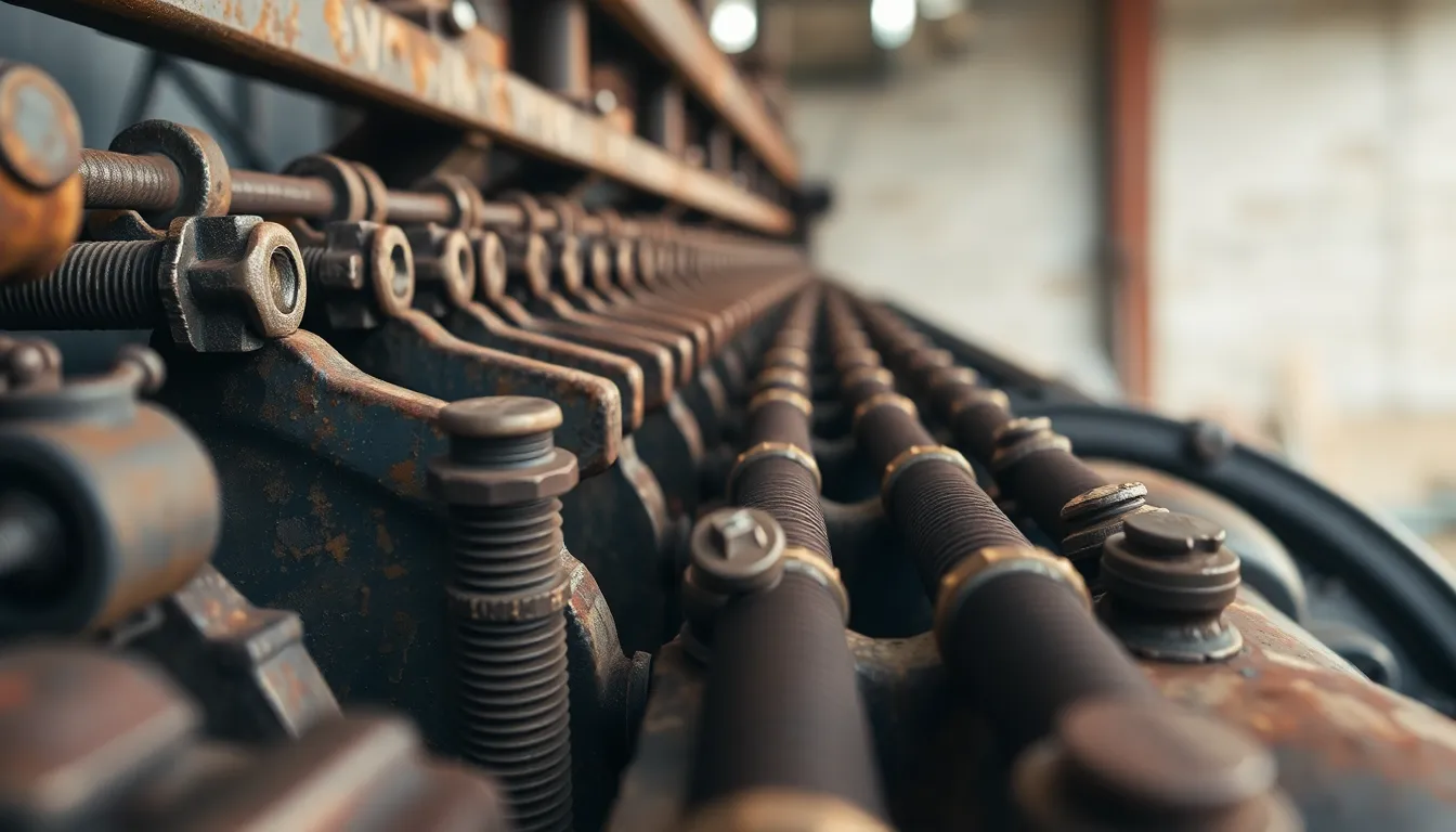 This macro photograph offers a close-up view of various industrial fasteners, showcasing the intricate details of rust and patina on their surfaces. The soft diffused daylight creates an inviting atmosphere, with natural muted tones reflecting a vintage, industrial feel. Leading lines formed by the arrangement of bolts and screws guide the viewer's eye throughout the frame, emphasizing the texture and craftsmanship inherent in these essential components of manufacturing.