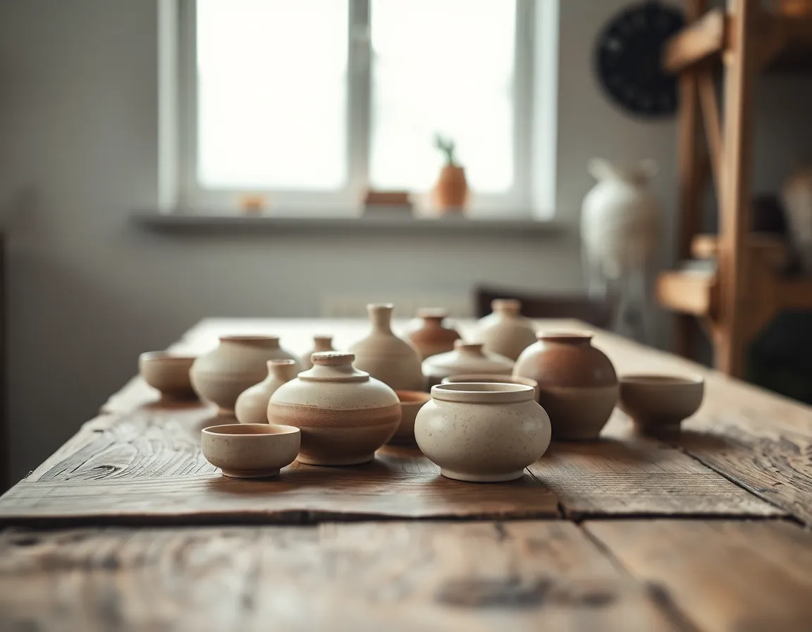 This image features a stunning arrangement of handcrafted ceramic products displayed on a rustic wooden table. Soft, diffused natural light creates a warm ambiance, showcasing the unique textures and imperfections of each piece. The shallow depth of field draws attention to the ceramics while maintaining a beautiful background blur. With earthy tones dominating the color palette, this photograph highlights the artistry of craftsmanship in manufacturing.