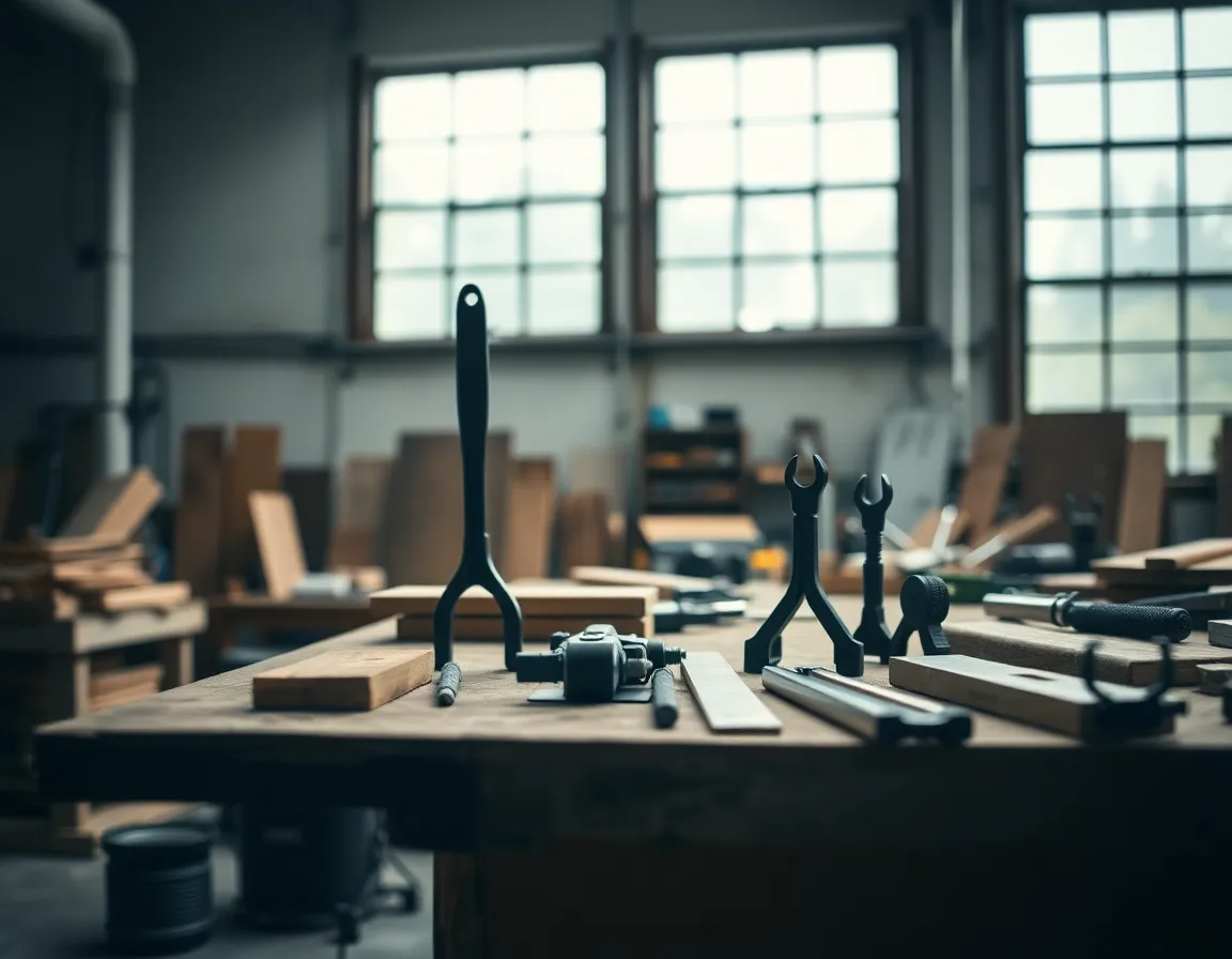 This intimate image showcases an assortment of artisanal tools meticulously arranged on a wooden workbench in a well-lit factory space. The diffused daylight provides soft shadows and highlights, allowing viewers to appreciate the textures of both the wood and metal tools. The composition enhances the artistic appeal, inviting a sense of craftsmanship and dedication to quality in manufacturing.