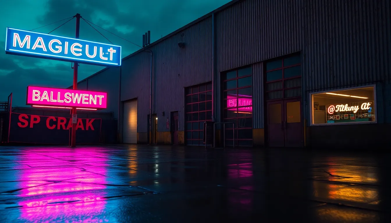 Neon Reflections on Industrial Warehouse at Twilight