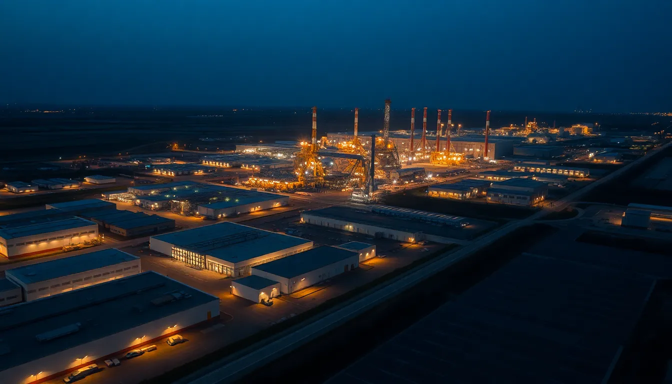 This stunning aerial photograph captures a manufacturing plant during the enchanting blue hour. The cool tones of the sky contrast beautifully with the warm lights illuminating the factory, creating a visually striking scene. The composition leads the eye through the intricate pathways of the plant, inviting the viewer to explore the scale and complexity of modern manufacturing.