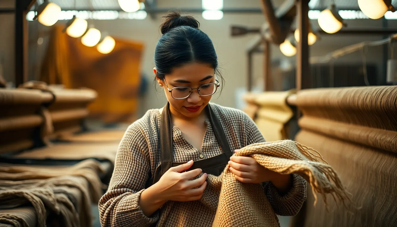 In this intimate portrait, a textile worker carefully examines vibrant fabric swatches under warm tungsten work lights. The soft lighting and shallow depth of field beautifully highlight the intricate patterns of the woven fibers, inviting the viewer to appreciate the tactile nature of the materials. The Kodak Portra 400-inspired color palette adds warmth to the scene, enhancing the connection between the worker and their craft. The centered composition emphasizes the delicate handling of these fabrics, celebrating the artistry involved in textile manufacturing.