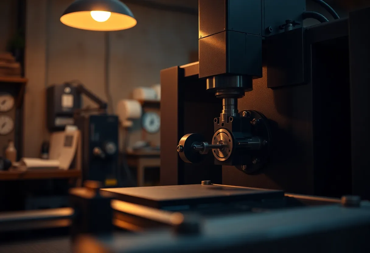 A beautifully composed image of a CNC machine in operation, bathed in warm light from a desk lamp. The twilight setting casts gentle shadows, creating a calm atmosphere. Selective focus reveals the intricate mechanics of the machine, while the blurred background emphasizes the sense of motion and craftsmanship. This photo embodies the precision and technology of modern manufacturing.