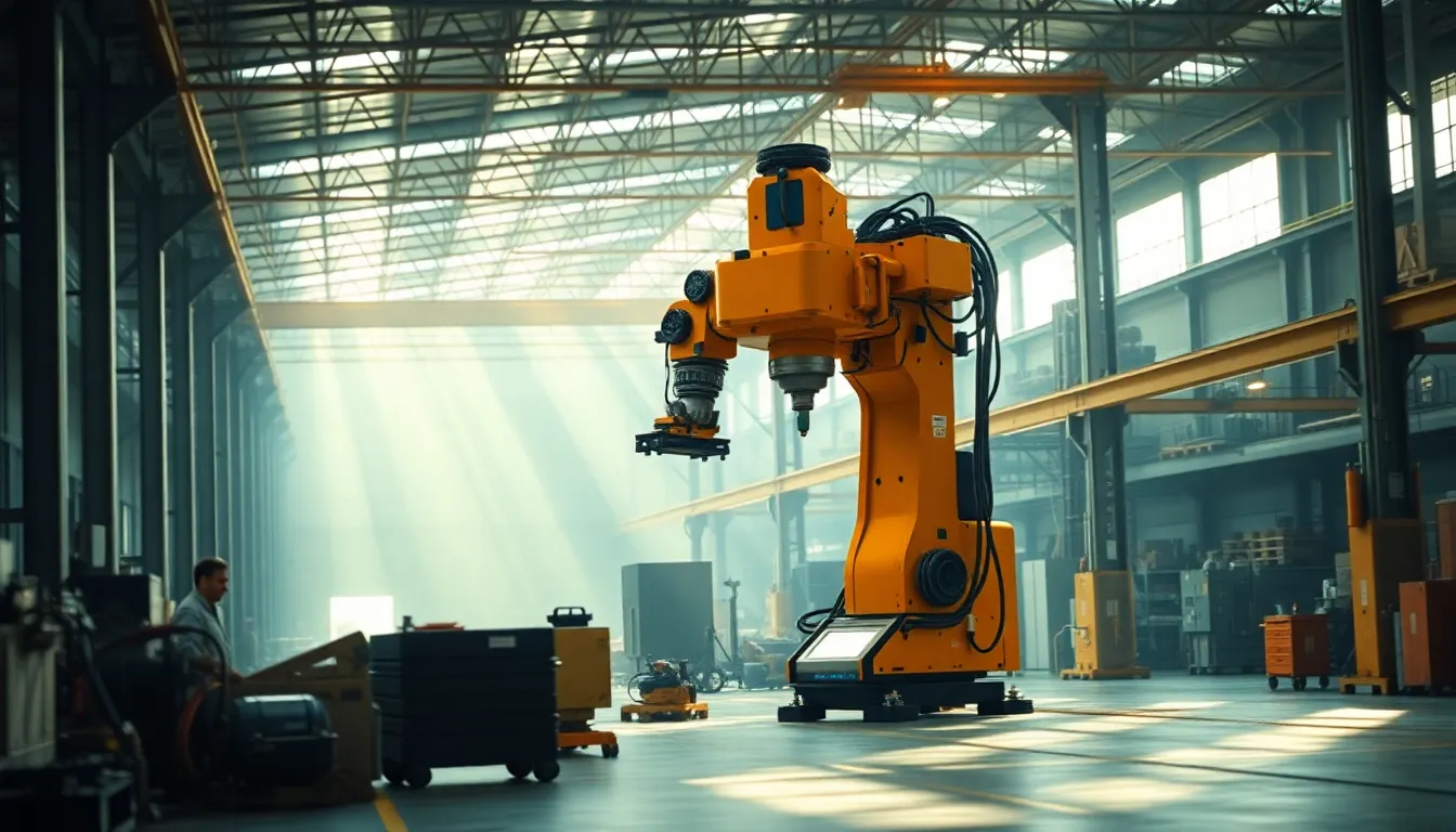 This high-energy image showcases a state-of-the-art industrial robot in action within a vast manufacturing warehouse. The dappled sunlight creates a dynamic interplay of light and shadows across the factory floor, emphasizing the advanced technology at work. The cinematic color grading adds a modern touch, beautifully contrasting the cool machinery with warm light. Leading lines guide the viewer's eye toward the robot, depicting the future of manufacturing processes.