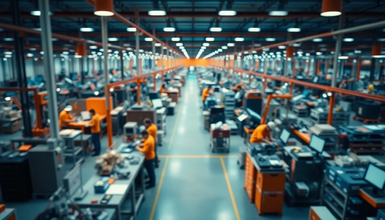 This photograph presents a panoramic view of a busy manufacturing facility filled with workers diligently engaged in various tasks. Bright LED lights illuminate the expansive space, while teal and orange colors enhance the modern industrial atmosphere. The sharp focus across the entire image allows viewers to appreciate the teamwork and organization within the workspace. This scene encapsulates the spirit of manufacturing.