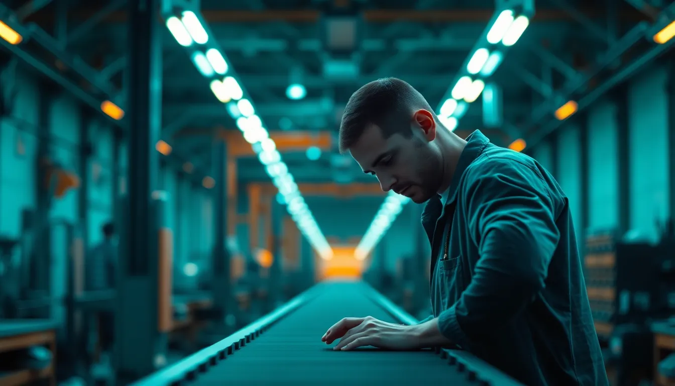 The image showcases an assembly line worker focused intently on their task, with rim lighting creating a striking silhouette. The teal and orange color grading heightens the visual contrast, emphasizing the intricate details of the worker's hands as they expertly handle components. The shallow depth of field isolates the subject, drawing attention to the precision of their movements within the bustling industrial environment. This centered composition highlights the importance of craftsmanship in manufacturing.