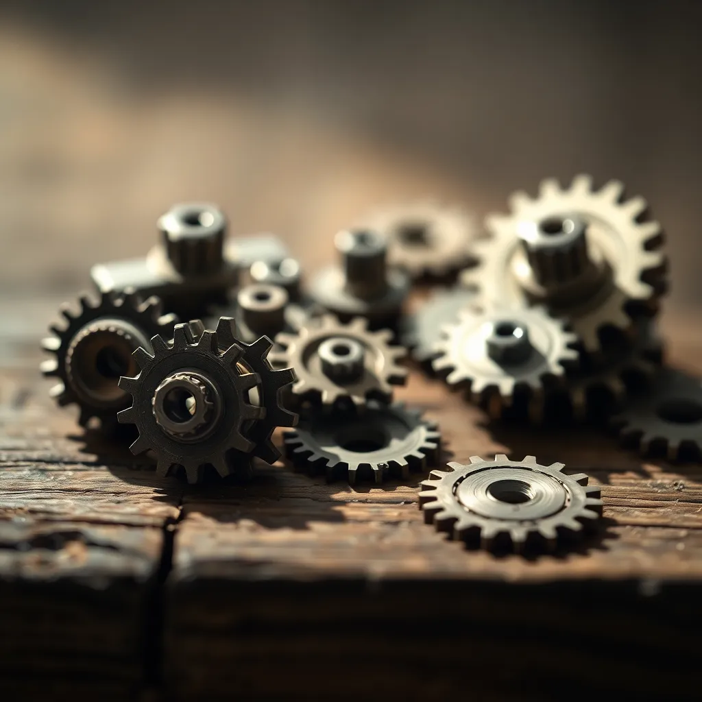 This close-up image features a beautifully arranged collection of gears and mechanical components set against a rustic, weathered wooden surface. Soft diffused daylight bathes the scene in natural light, enhancing the earthy color palette with rich browns and metallic hues. The shallow depth of field creates a dreamy bokeh effect, making the details of the gears stand out dramatically. The leading lines formed by the arrangement guide the viewer's eye, inviting them to explore the craftsmanship and intricacy of each component.