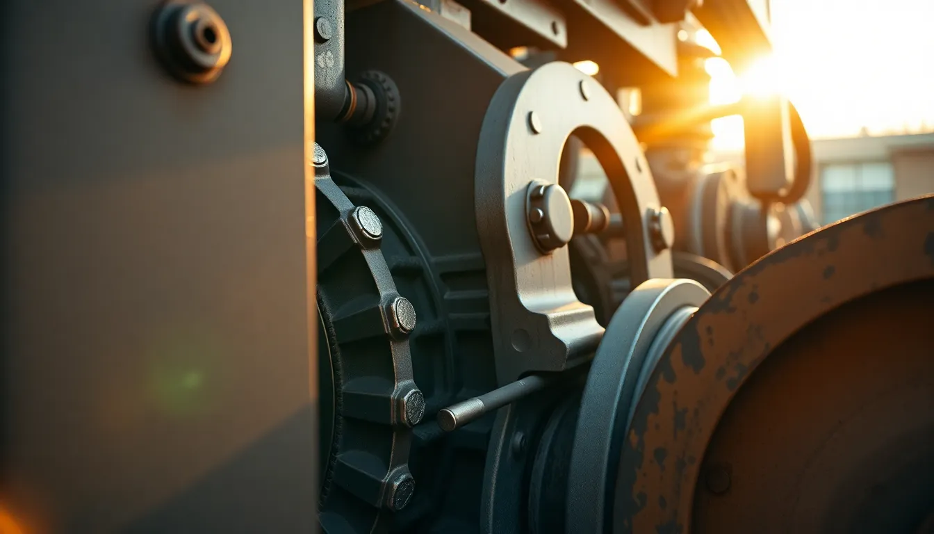 A striking image of heavy machinery bathed in the warm glow of golden hour sunlight. The focus rests on intricate mechanical details, showcasing the rugged textures of aged steel and the rich interplay of light and shadow. The blurred background enhances depth, creating a mood of industrious tranquility. This composition effectively captures the essence of modern manufacturing in a natural light setting.