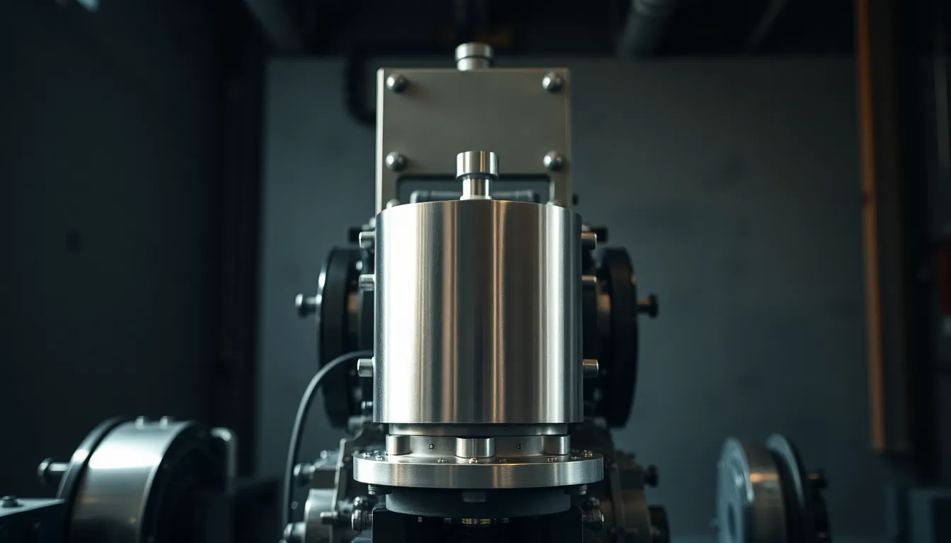 The image features a large industrial machine set against a studio backdrop, showcasing intricate mechanical parts and polished surfaces. The lighting creates striking shadows that add depth to the scene, while the muted colors emphasize the robust nature of the machine. The symmetrical composition draws attention directly to the machinery's design, reflecting an aura of efficiency and strength.