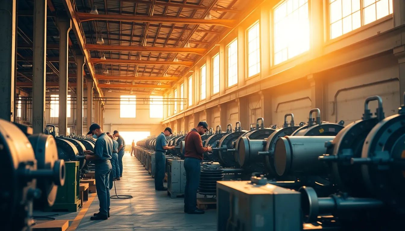 This vibrant image showcases a busy manufacturing floor, where workers are skillfully assembling machinery under the warm glow of golden hour light. Sunlight filters through large high windows, creating a vibrant interplay of light and shadows. The composition captures the energy and teamwork of the environment, emphasizing the contrasting textures of polished metal and aged concrete. The shallow depth of field draws focus to the workers, bringing life and motion to the scene.