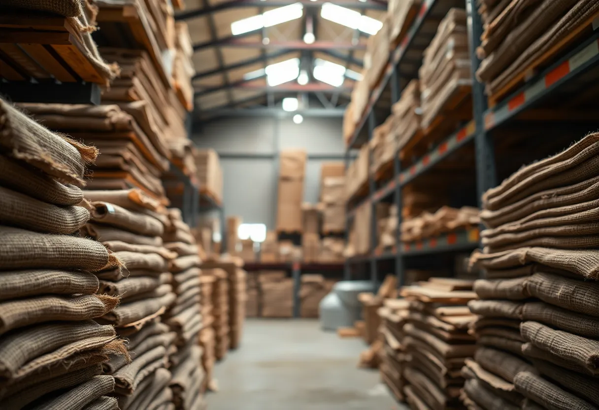 A vivid macro shot of various raw materials stored in an industrial warehouse. The warm ambient light creates a welcoming environment, while the earthy tones of wood and burlap add a natural touch. The image captures the organized chaos of manufacturing storage, highlighting different textures and materials that play a crucial role in the production process. The sharp focus across the entire scene invites viewers to explore the details.