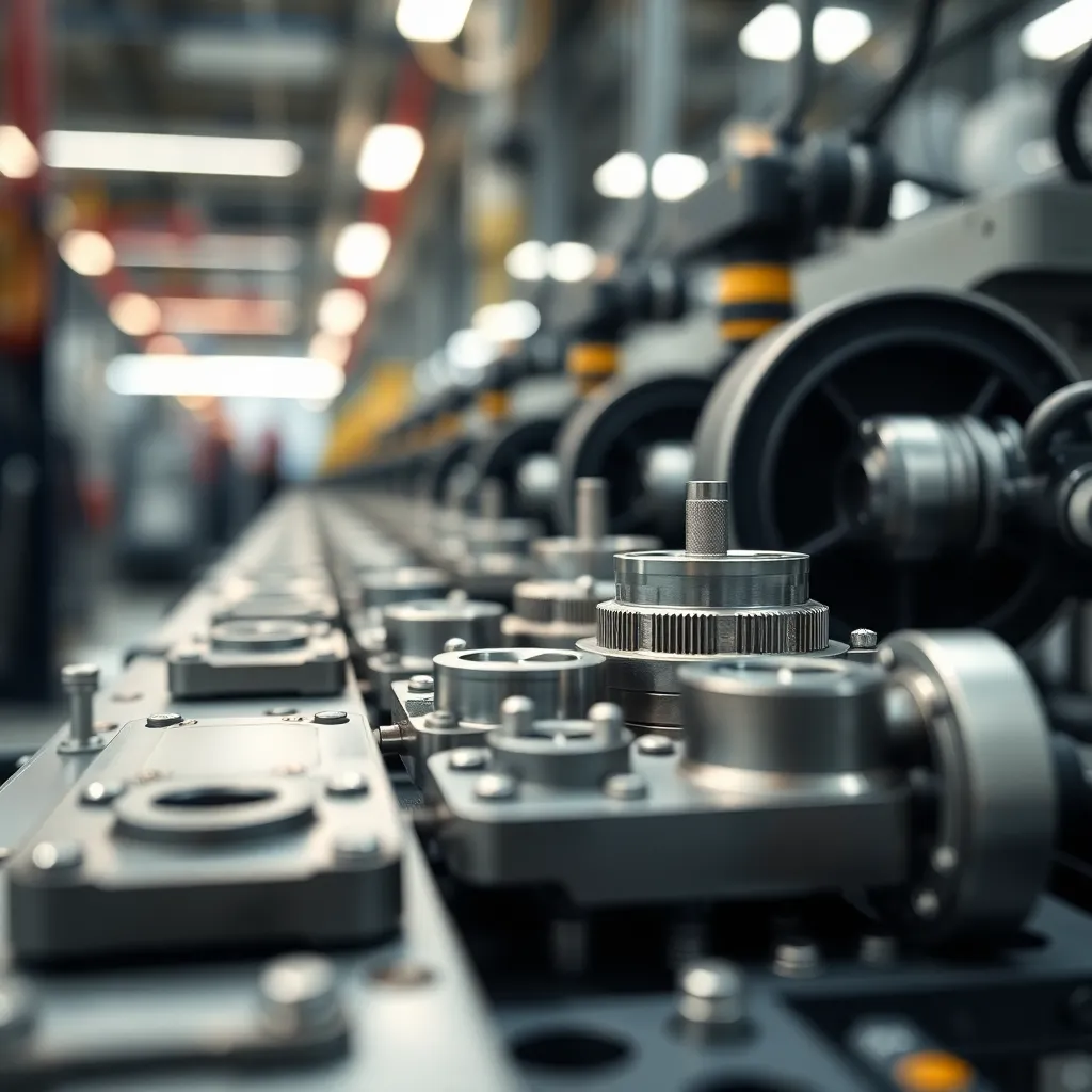 This detailed macro shot captures the intricate components on a manufacturing assembly line, highlighting the precision engineering involved in the process. Soft overcast daylight enhances the textures of the metallic surfaces, offering a warm and inviting feel. The shallow depth of field accentuates the finer details, creating an intimate focus on the subject. The natural muted color palette complements the industrial setting, drawing attention to the craftsmanship and quality of the materials, making it a visually compelling image.