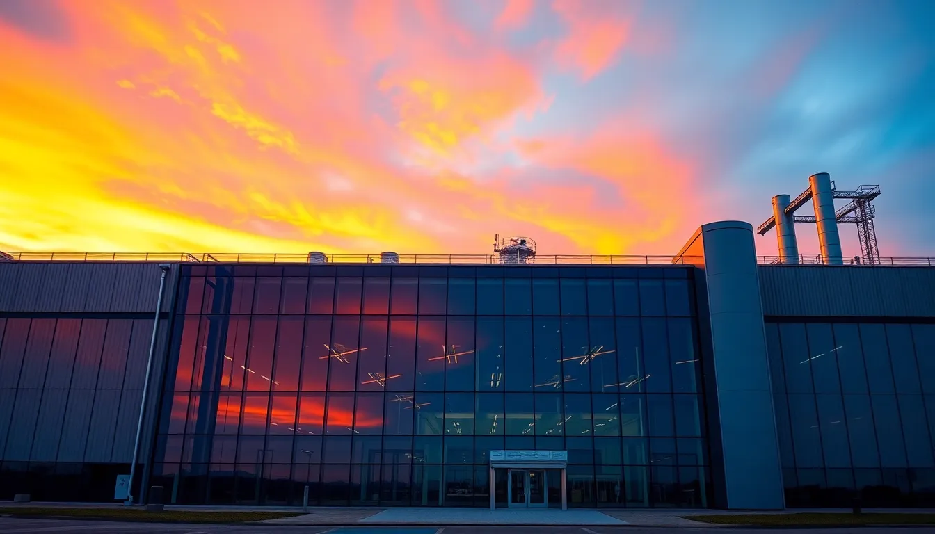 This visually captivating image showcases the exterior of a contemporary factory building made of sleek glass and steel at twilight. The reflective surfaces of the building beautifully capture the vibrant colors of the sunset, creating a stunning contrast against the cool evening sky. The sharp clarity achieved through hyperfocal distance provides a magnificent view of the entire structure. The centered, symmetrical composition highlights the architectural elegance of the factory, portraying a sophisticated side to industrial design.