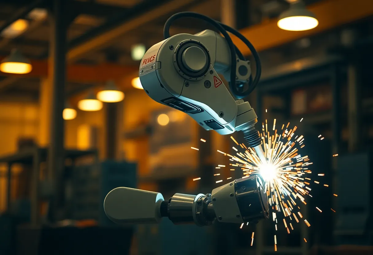 This striking image showcases an industrial robot expertly welding within a manufacturing environment, highlighting the cutting-edge technology used in modern production. Warm tungsten lights create a cozy atmosphere while casting intriguing shadows. The shallow depth of field isolates the robot from its surroundings, allowing for an artistic focus on its mechanical precision. A warm color palette enhances the inviting feel of the scene, with symmetrical framing that directs the viewer’s gaze to the intricate details of this advanced machinery.