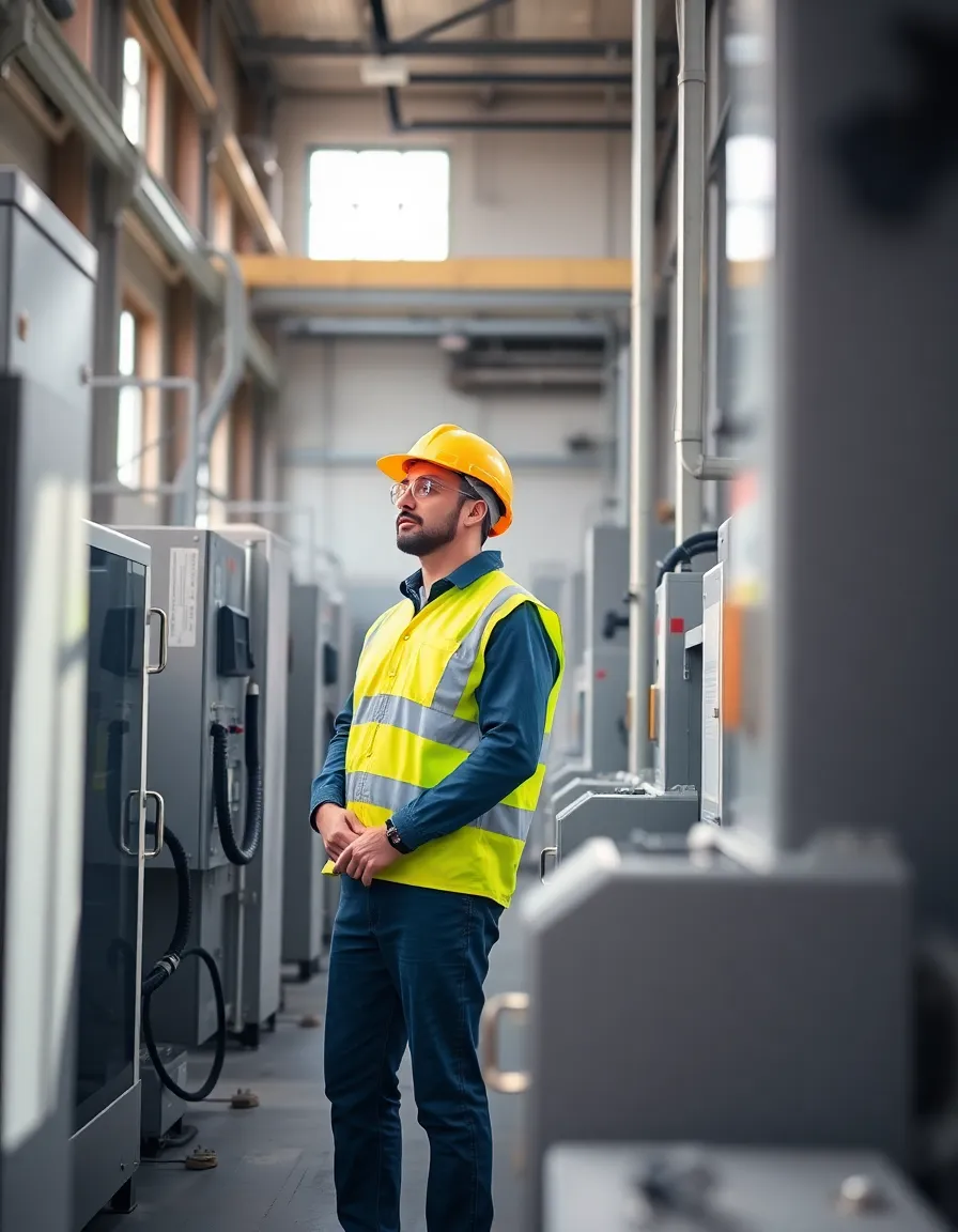 An engaging image depicting a factory worker in safety gear diligently inspecting equipment on the factory floor. Bright natural light streams in from windows, creating a lively atmosphere that enhances the focus on the subject. The color palette of soft greys and whites contrasts with the vivid yellow safety gear, emphasizing the importance of safety in manufacturing. The Dutch angle composition adds a sense of dynamism and energy to the scene.