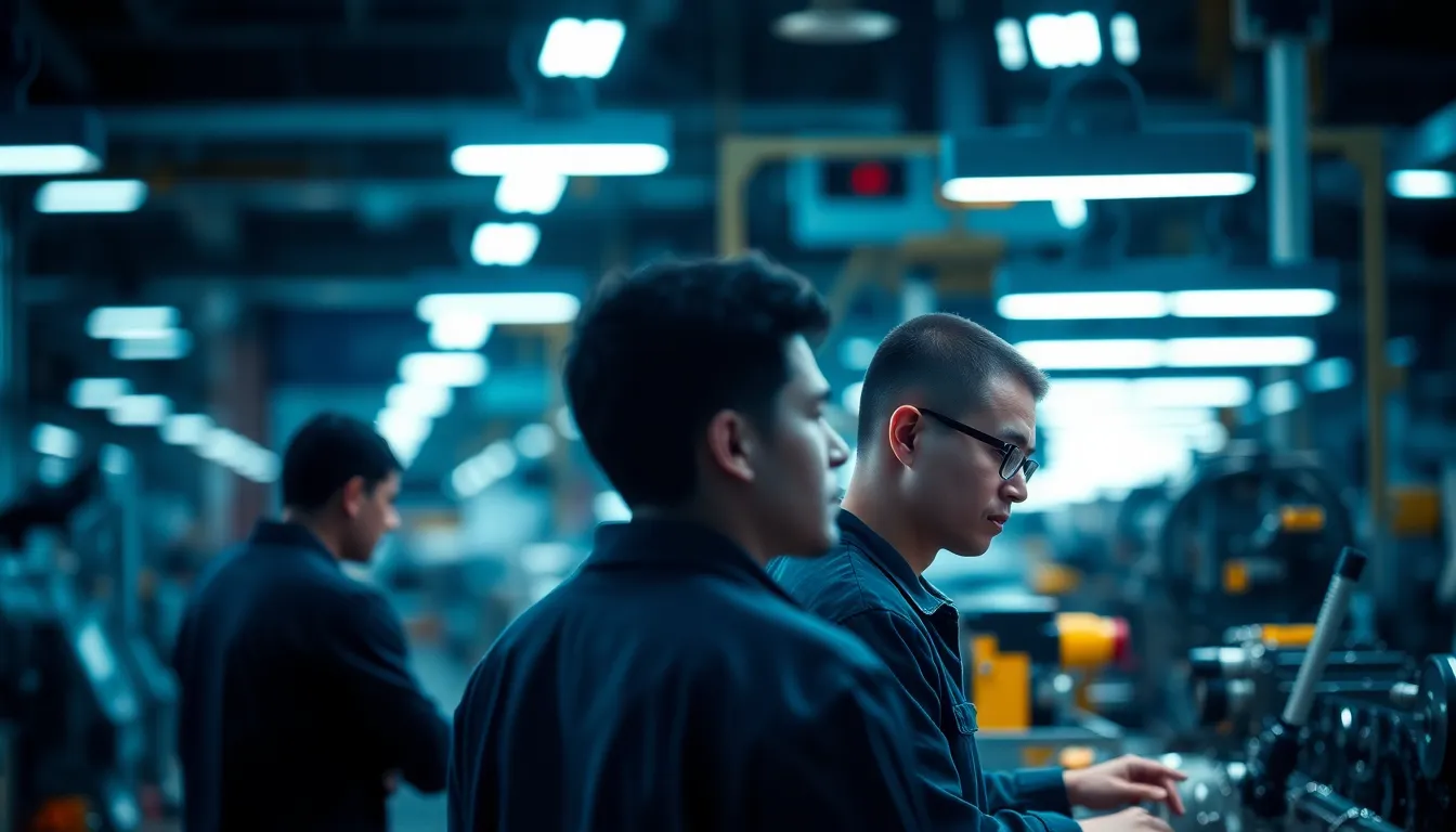 A vibrant scene capturing a busy assembly line within a manufacturing facility. Workers are engaged in the assembly process, surrounded by complex machinery illuminated by overhead LED lights. The contrasting warm and cool colors create a dynamic atmosphere, while the clear focus on the workers highlights the precision of the manufacturing process. Textures of metal and plastic add depth and realism to the image.