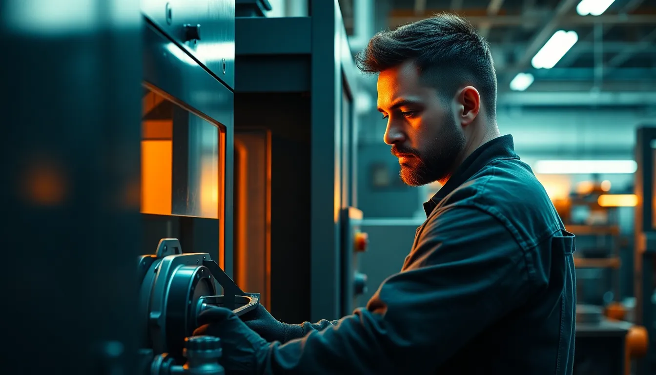 Skilled Worker Operating CNC Machine in Factory