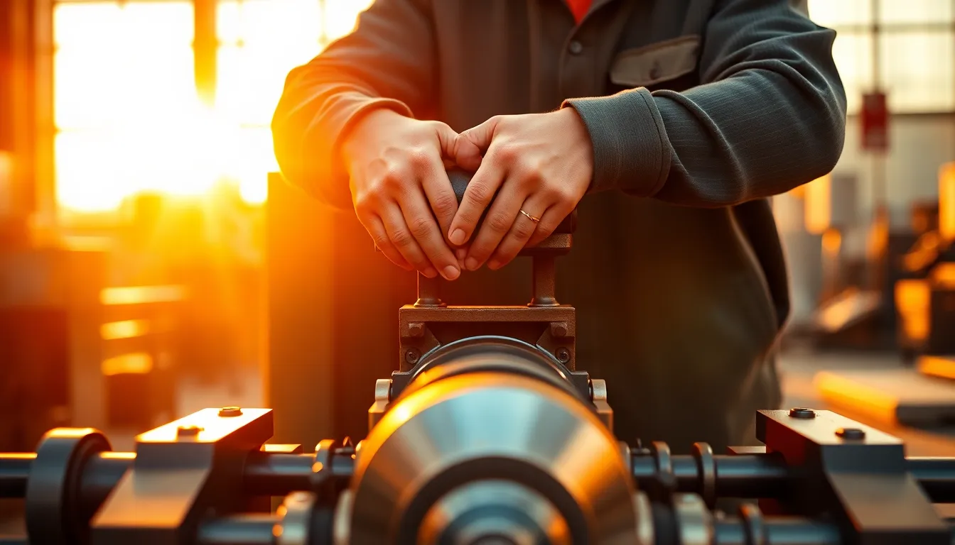 This photograph captures the skilled hands of a machinist working on complex machinery during a stunning golden hour. The warm back light enhances the textures of the equipment and gives a radiant glow to the worker's hands. The use of warm tones and soft highlights conveys a sense of dedication and craftsmanship in the manufacturing process. The angular composition emphasizes the structure of the machinery, making it a perfect representation of the industrial work environment.