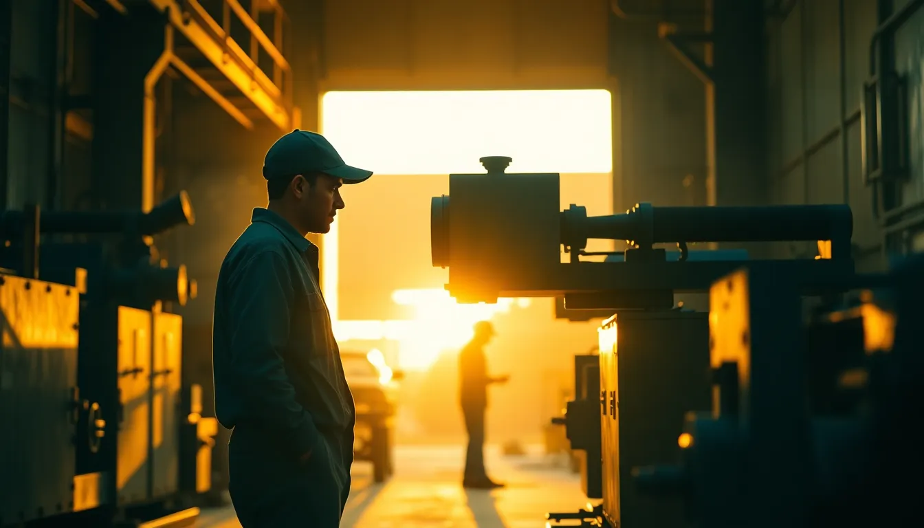 A worker is depicted inspecting machinery in a warm, golden hour light that spills into the industrial space. The photograph emphasizes the contrast between the glowing sunlight and the cool tones of the machinery, creating a compelling visual dynamic. With a focus on the worker, the image evokes a sense of dedication and craftsmanship within the manufacturing process.